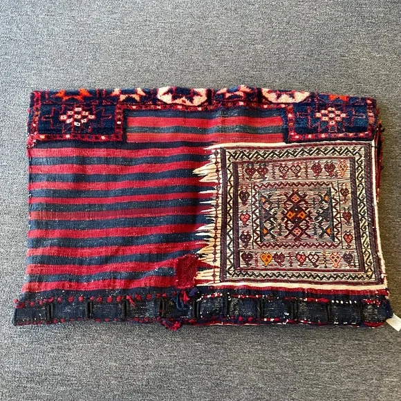 Vintage Tribal Patterned Red, Blue and CreamColored Camel Saddle Bag Woolen